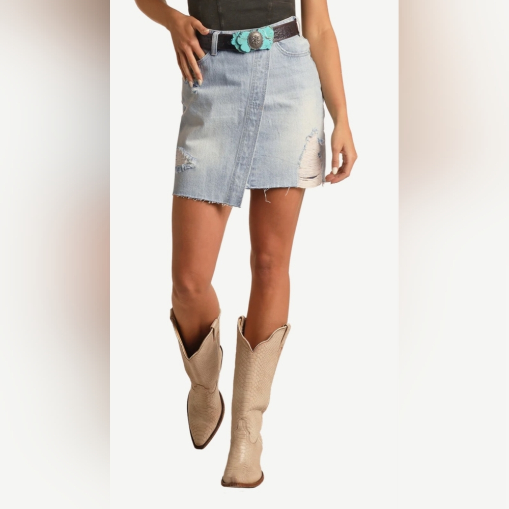 NWT ROCK & ROLL DENIM Festival Western Short Denim Skirt 32/14 light wash